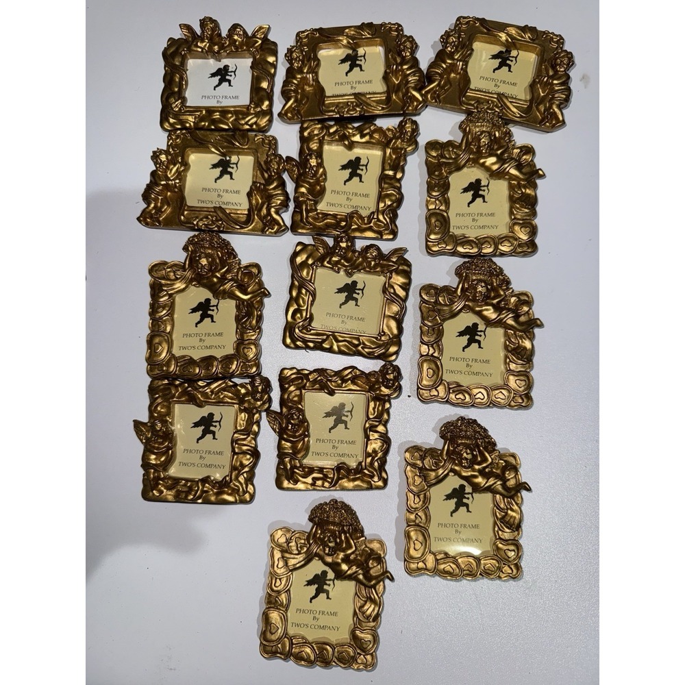 VTG Set of 13 Gold Toned Two's Company Small Photo Frames Angel Cherub Ribbon N